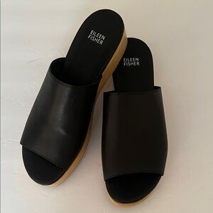 Eileen Fisher Black Novel Leather Wedge Sandal
